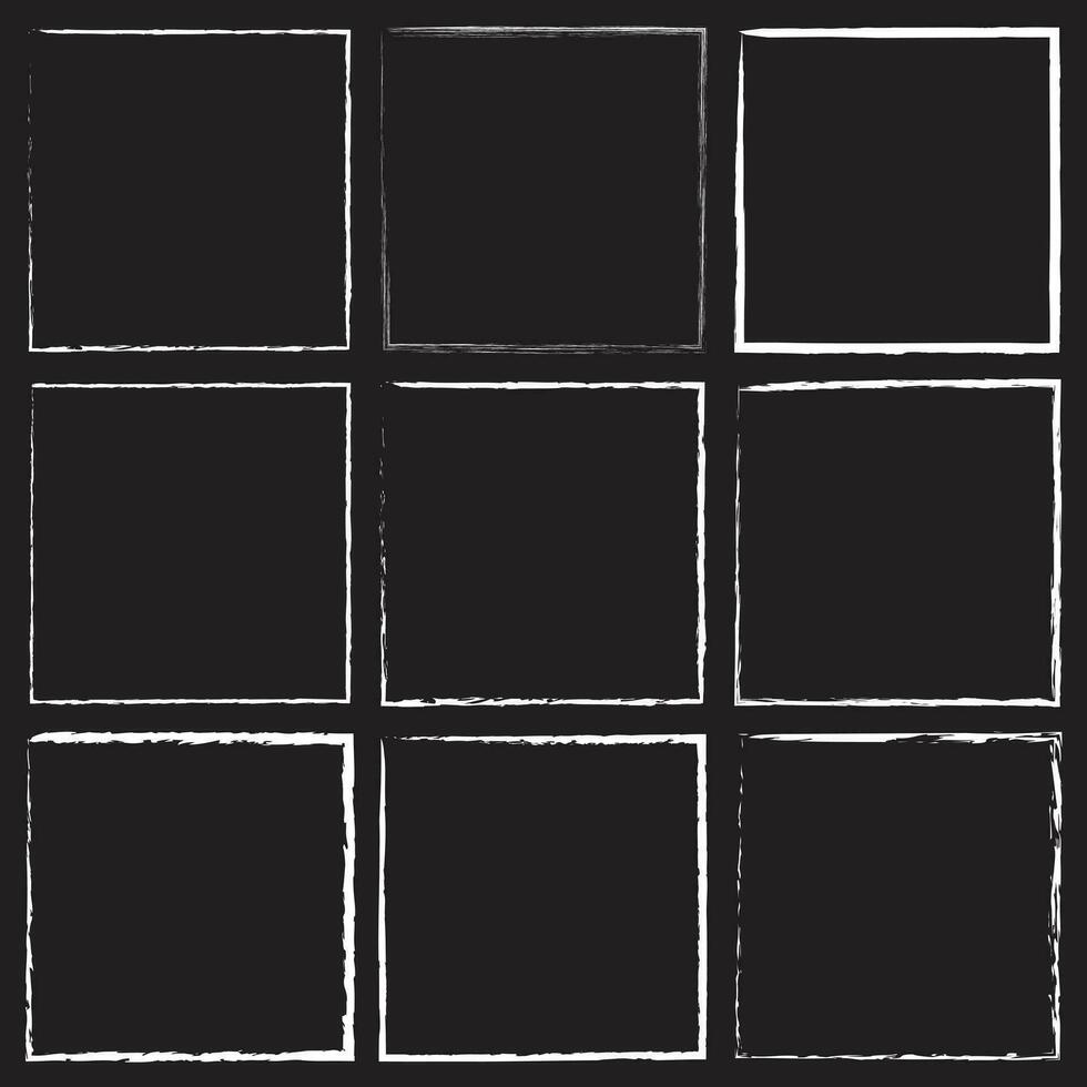 Grunge square and rectangle frames. Ink empty black boxes set. Rectangle borders collections. Rubber square stamp imprint. Vector illustration isolated on white background.