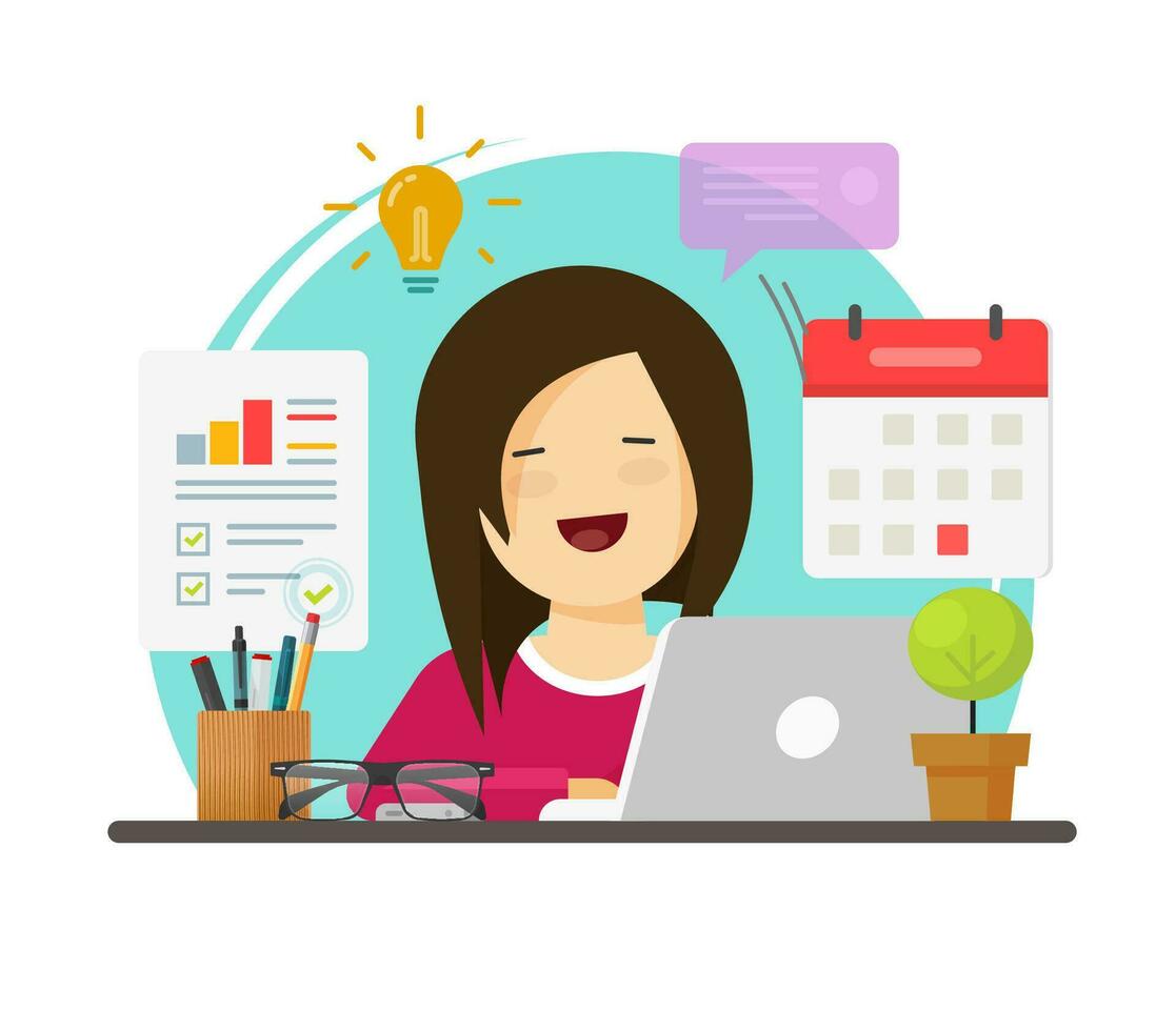 Multitasking business woman person working hard but happy on office table desk vector, flat cartoon girl sitting smiling on workplace doing audit or research tasks, time management idea vector