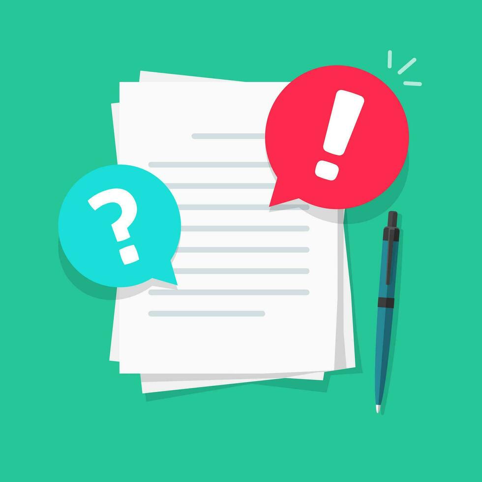 Text file or document comments and remarks vector illustration, flat cartoon warning or caution alert messages on paper letter content, attention notification chat error and question bubbles image