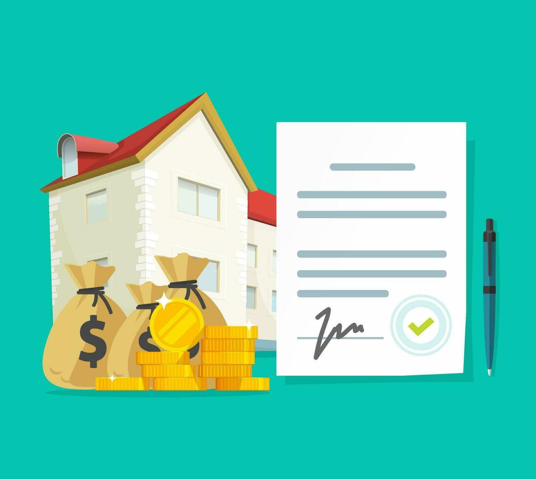 Real estate contract or property mortgage loan signed agreement vector illustration, flat cartoon house or apartment with financial document, investment or purchase, credit or rental deal budget