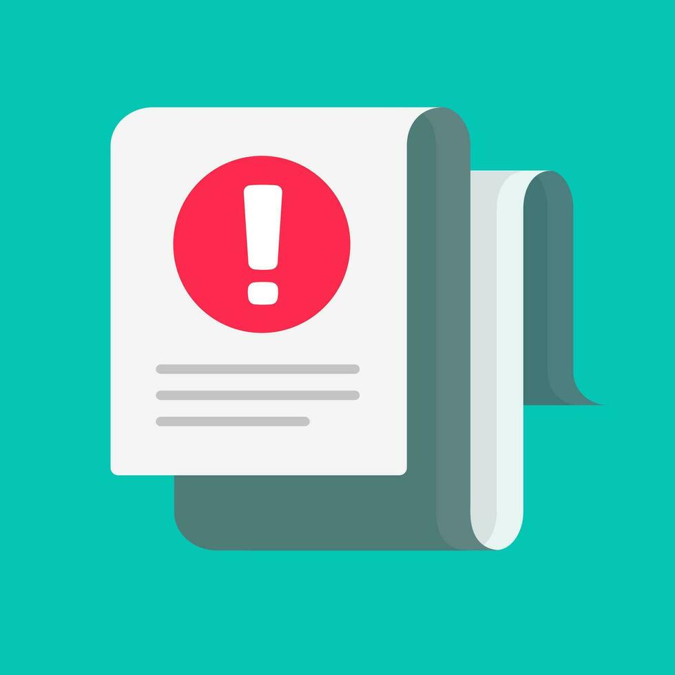 Fraud or failure alert message on document vector icon, flat cartoon long paper doc with attention or warning content notification, error or exclamation blank, forbidden or blocked report image