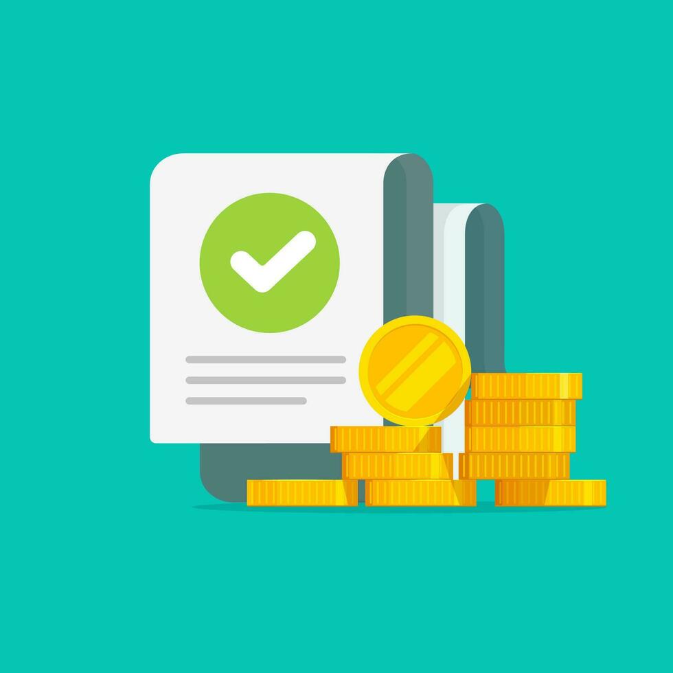 Money with checkmark audit document vector illustration, flat cartoon cash income with approved or passed transaction check, finance report or success earnings checklist, payment or tax sign