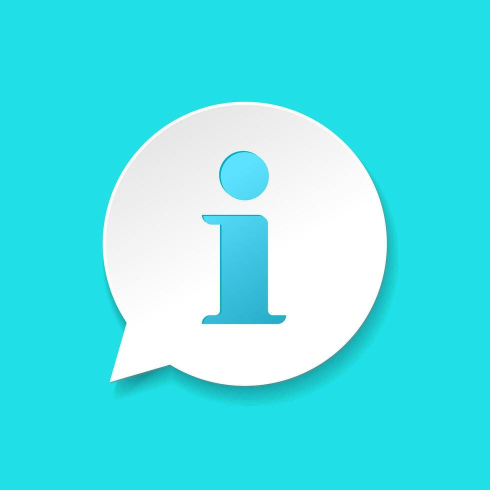 Info help sign icon vector symbol, realistic gradient shadow white and blue information bubble speech mark isolated modern pictogram
