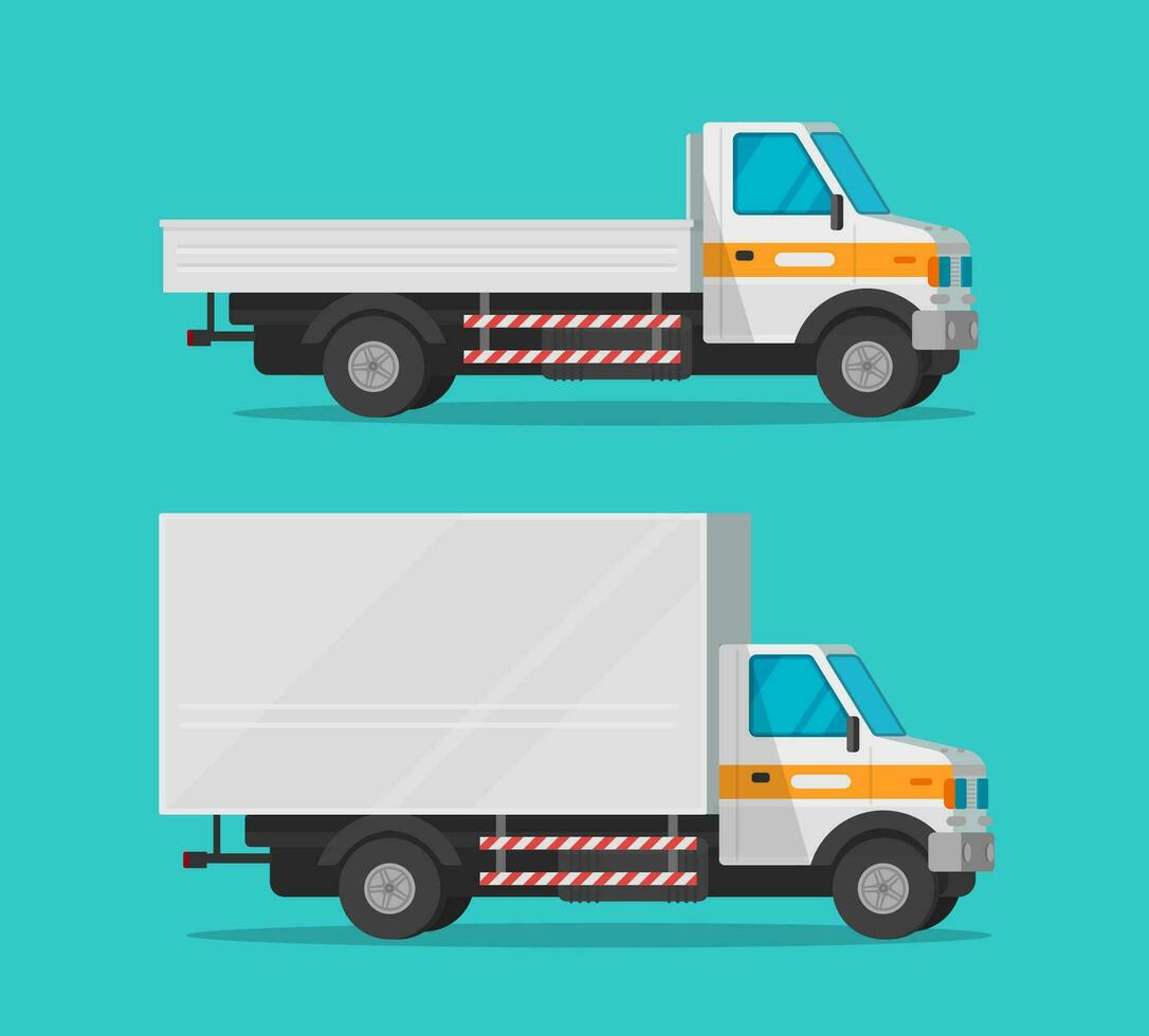 Cargo trucks or lorry and delivery automobiles or vehicle vector set, flat cartoon freight industry transport, small courier semi-truck cars and wagon vans for shipping isolated clipart image