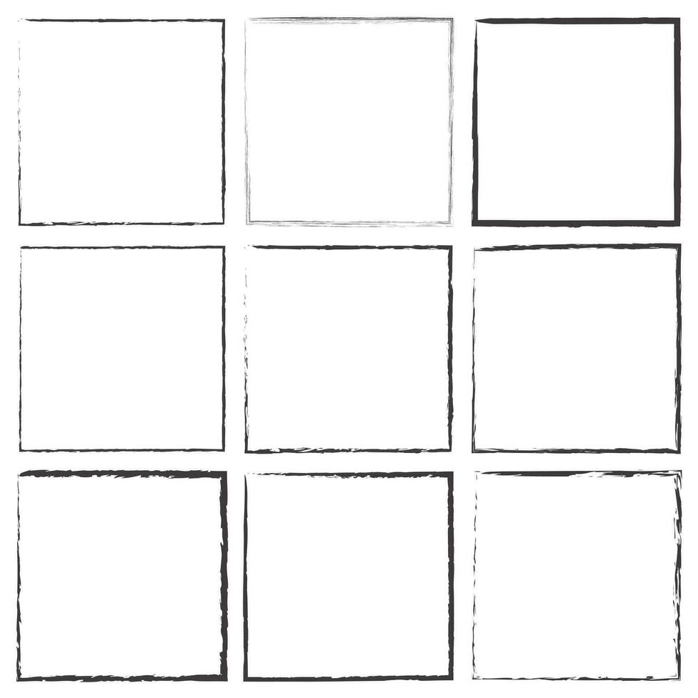 Grunge square and rectangle frames. Ink empty black boxes set. Rectangle borders collections. Rubber square stamp imprint. Vector illustration isolated on white background.