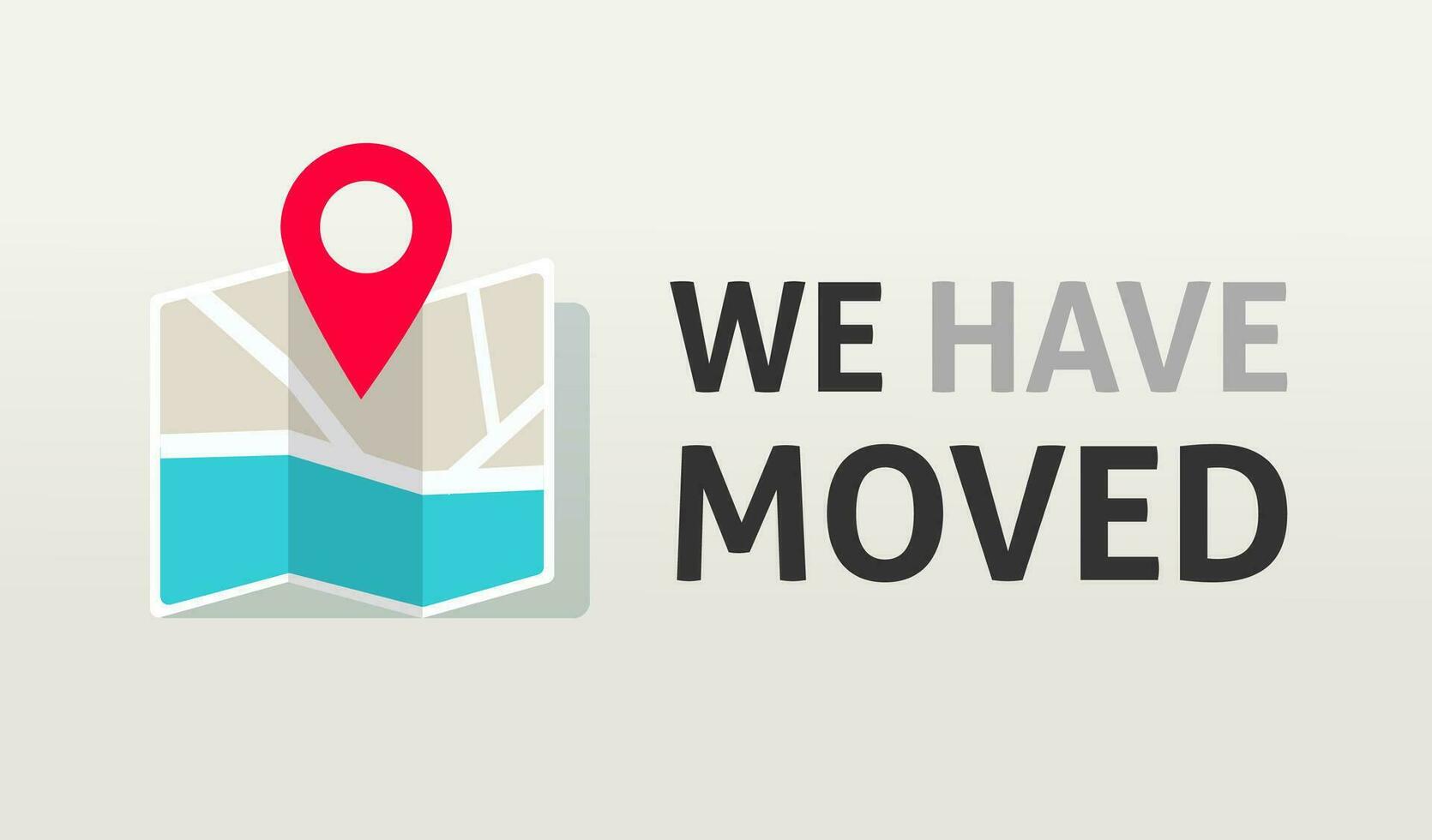 Map pin pointer with we have moved text vector illustration, flat cartoon business relocation announcement poster