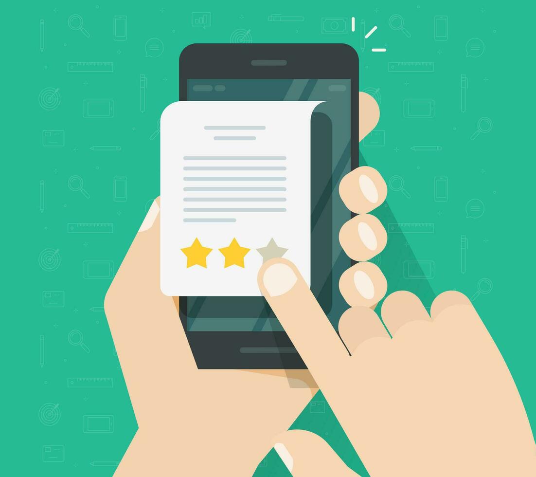 Feedback or testimonial review on cellphone vector, flat cartoon hands with mobile phone and document or message with text and rating stars, evaluation or assess of customer satisfaction image vector