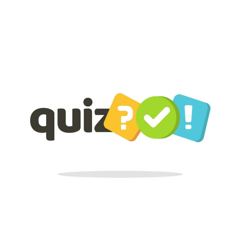 Quiz logo icon vector symbol, flat cartoon bubble speeches with question and check mark signs as competition game or interview logotype, poll or questionnaire modern creative horizontal