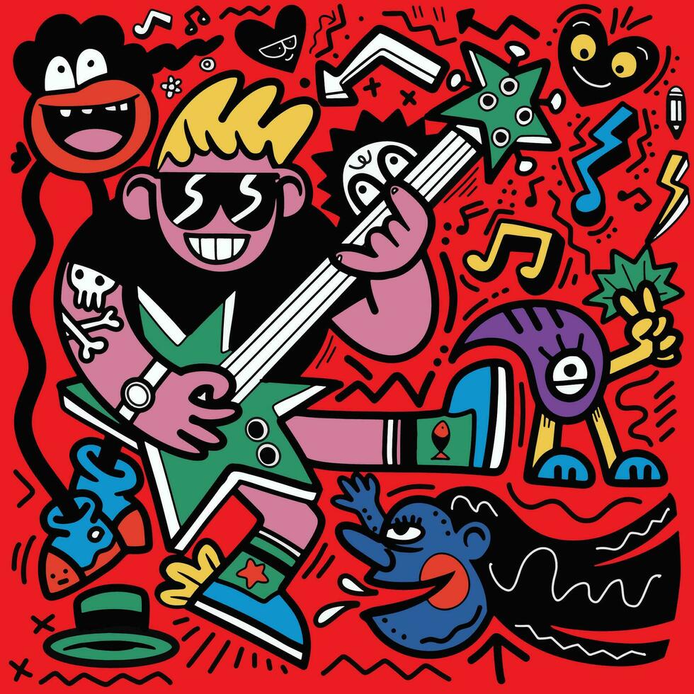 Doodle, cartoon character plays a guitar on a red background, in vector