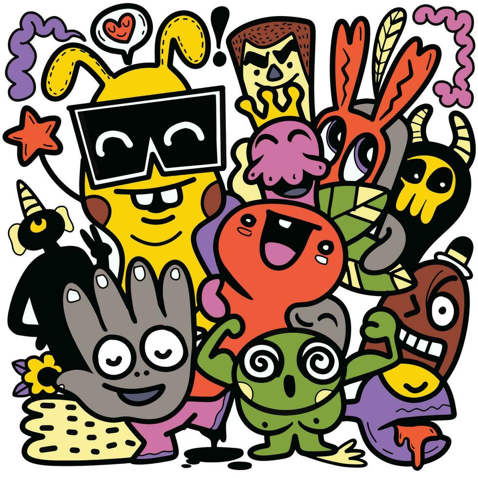 Doodle, hand drawn illustration of colorful cartoon characters, vector