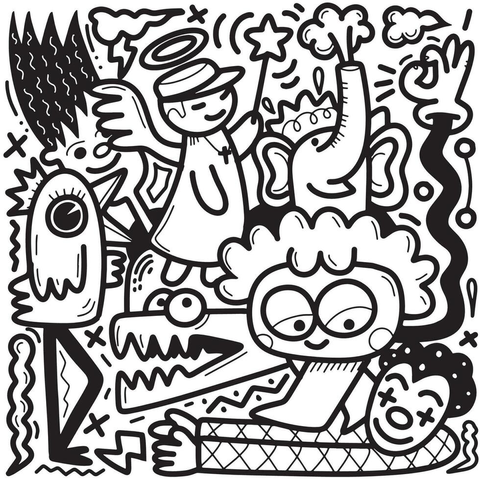 Doodle, black and white drawing of various cartoon people, in th vector