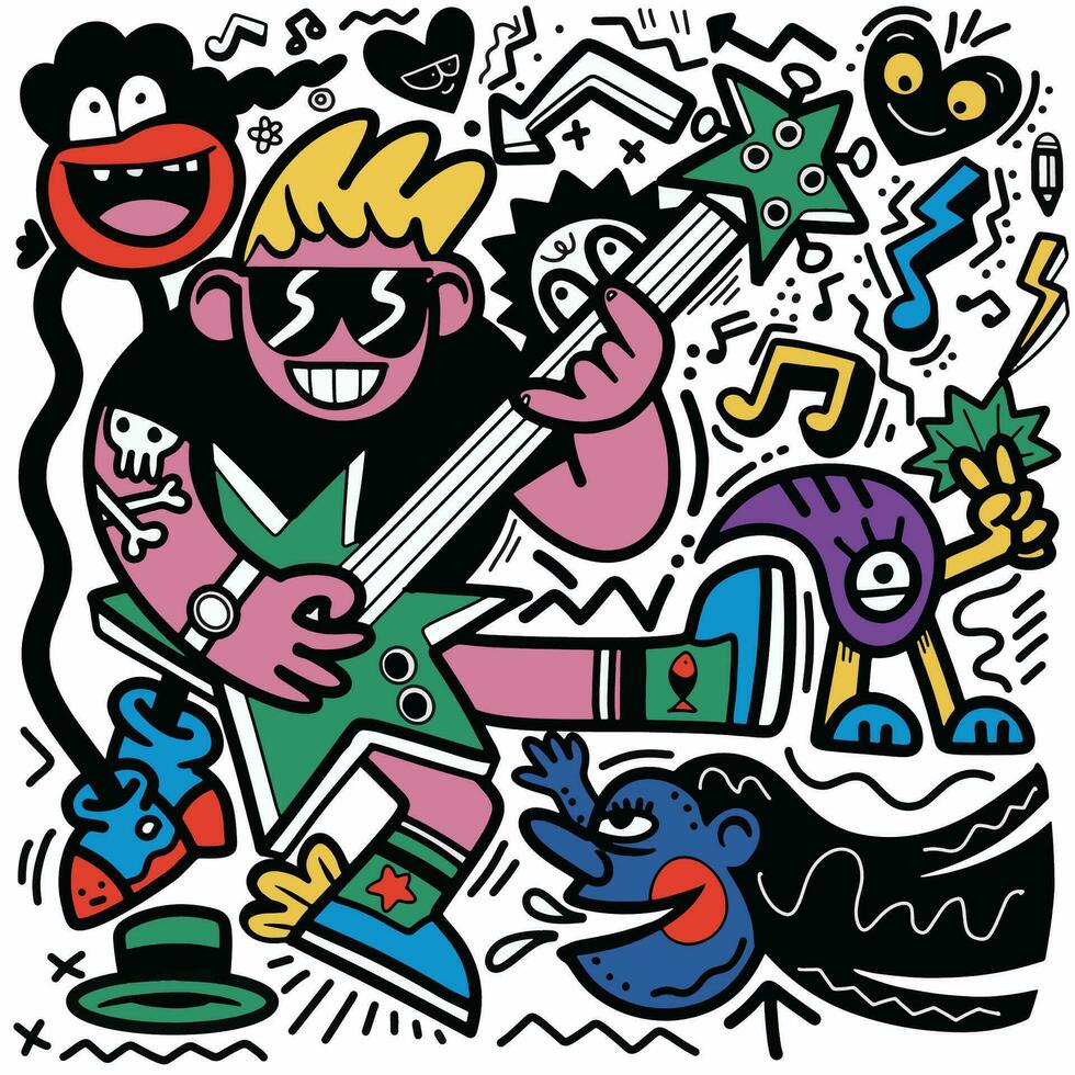 Doodle, cartoon character playing guitar with various creatures, vector