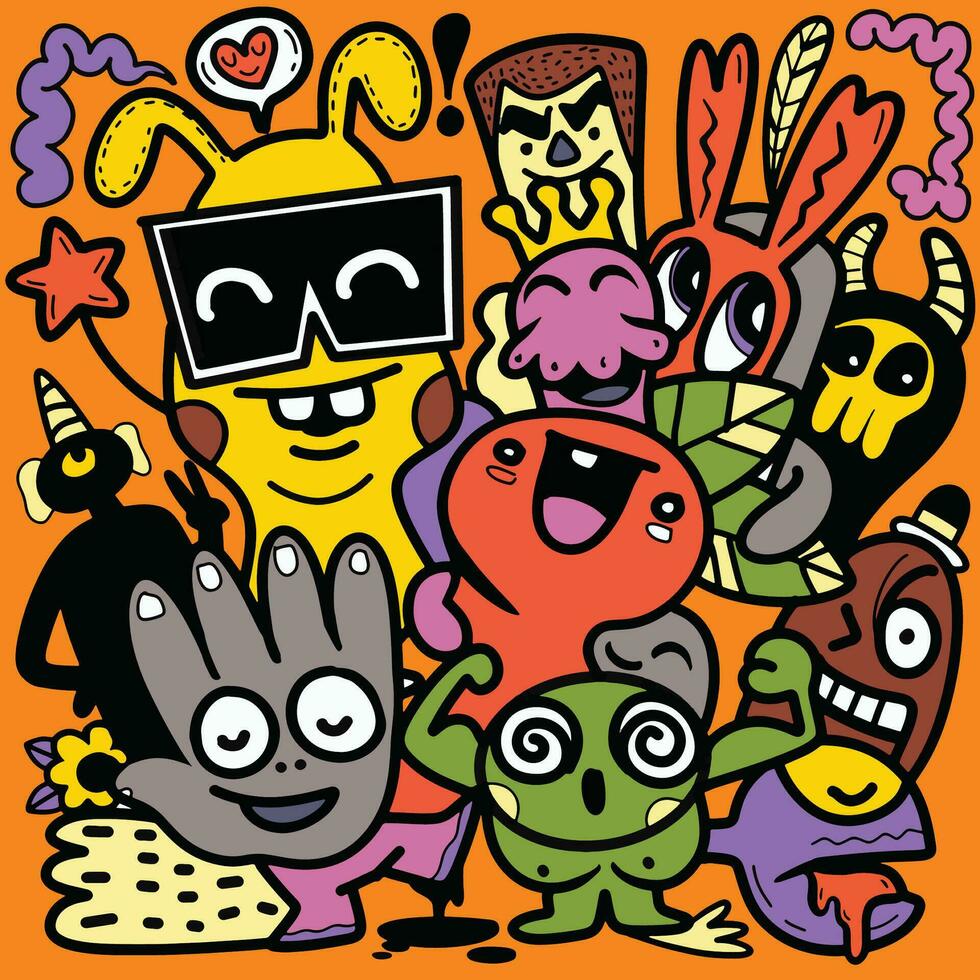 Doodle, hand drawn illustration of colorful cartoon characters, vector