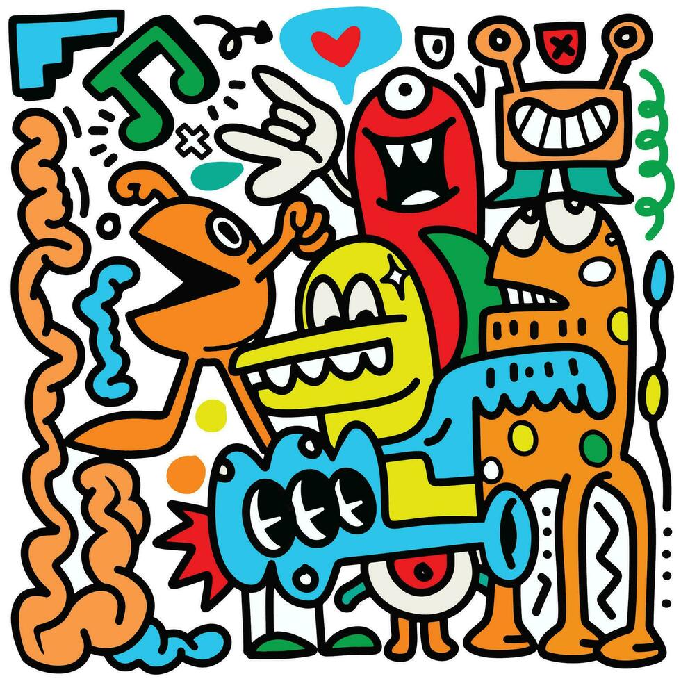 Doodle, hand drawn illustration of colorful cartoon characters, vector