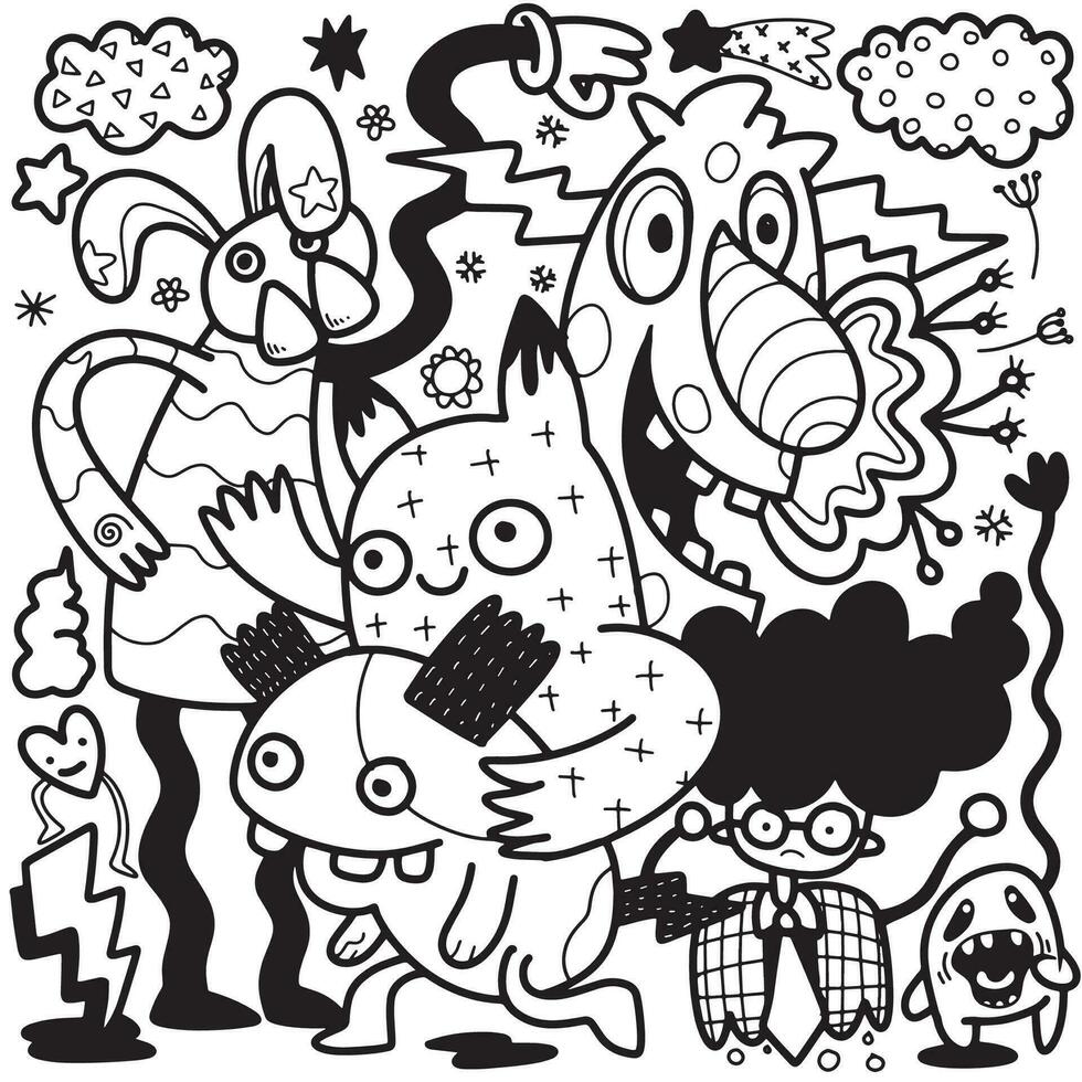 Doodle, black and white drawing of a drawing of cartoon characte vector