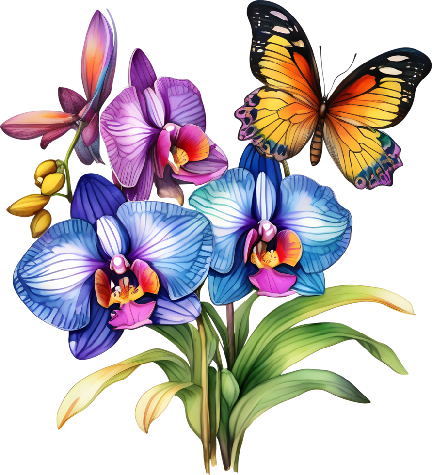 A painting of a bouquet of orchids and a butterfly. AI-Generated. png