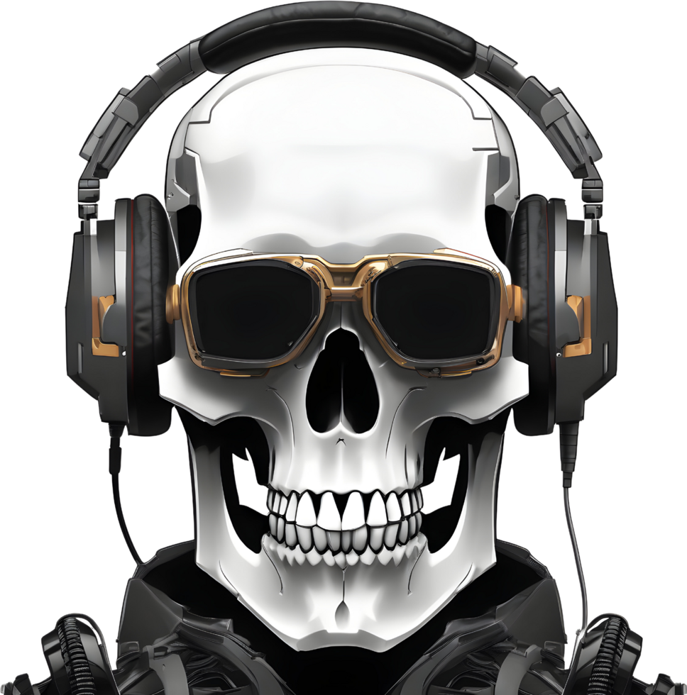 Skull wearing headphones. AI-Generated. png