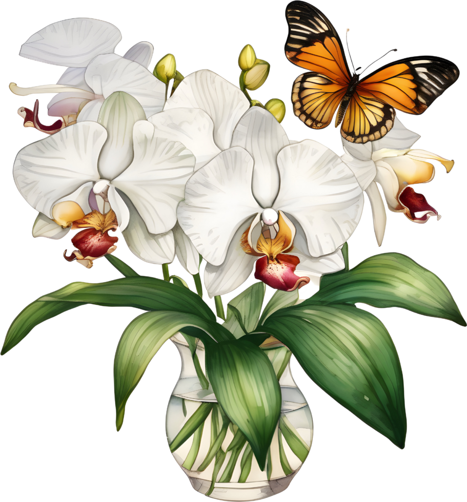 A painting of a bouquet of orchids and a butterfly. AI-Generated. png
