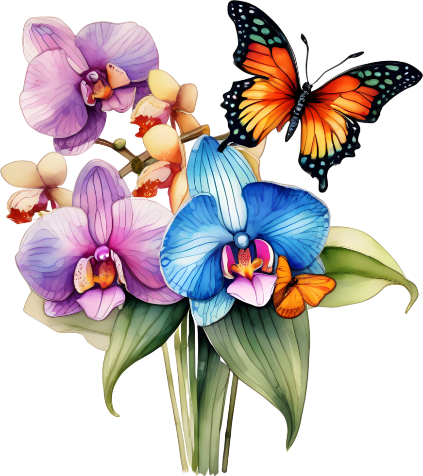 A painting of a bouquet of orchids and a butterfly. AI-Generated. png