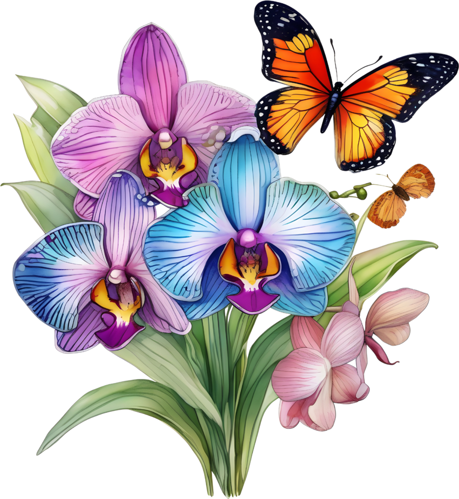 A painting of a bouquet of orchids and a butterfly. AI-Generated. png