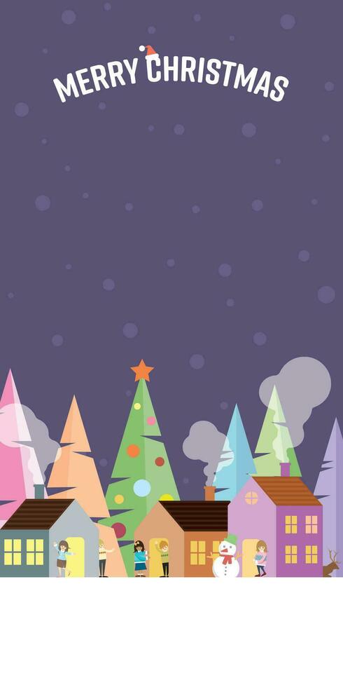 Winter landscape in snowland at night with people having fun in town geometric shape vector illustration. Merry Christmas and Happy New Year greeting card vertical template have blank space.
