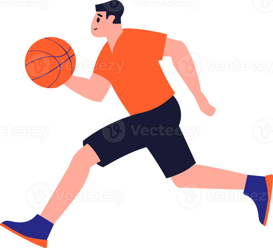 Hand Drawn Basketball player character playing basketball in flat style png