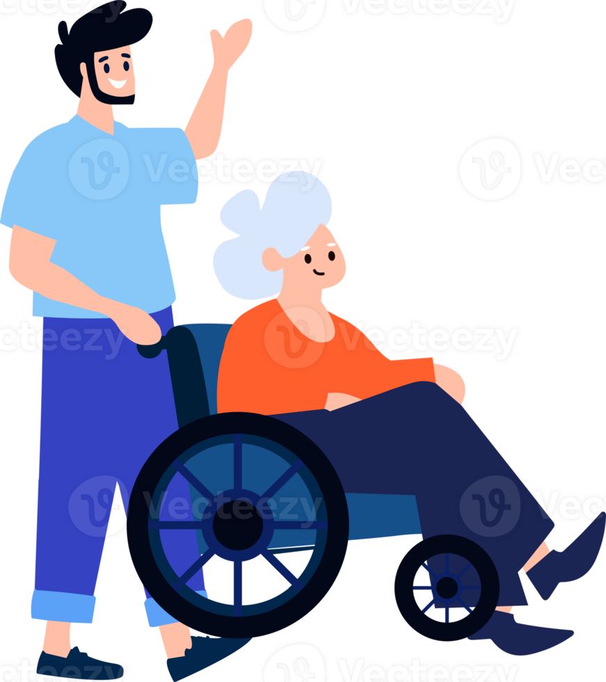 Hand Drawn Elderly person sitting in a wheelchair and child in flat style png