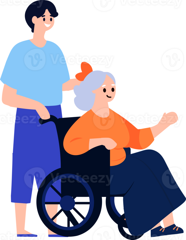 Hand Drawn Elderly person sitting in a wheelchair and child in flat style png