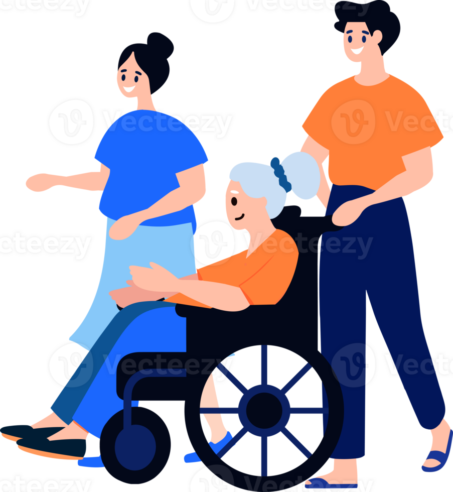 Hand Drawn Elderly person sitting in a wheelchair and child in flat style png