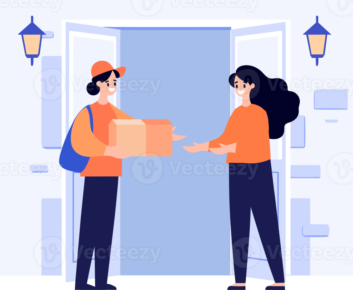 Hand Drawn a delivery man is delivering a package to a customer in flat style png