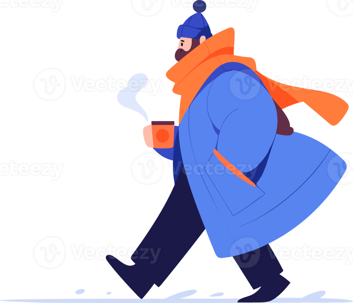 Hand Drawn A man wearing winter clothing walks on a path filled with snow in flat style png