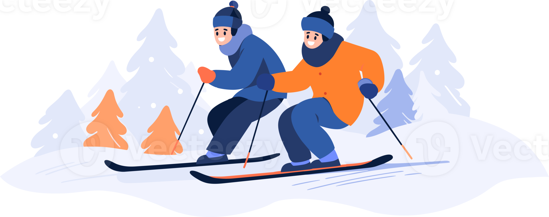 Hand Drawn couple character playing ice skating in winter in flat style png