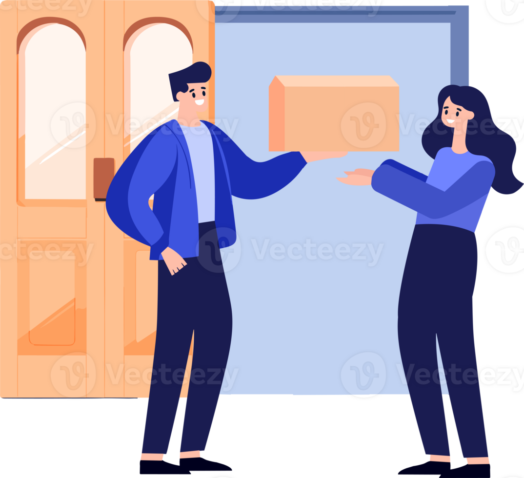 Hand Drawn a delivery man is delivering a package to a customer in flat style png