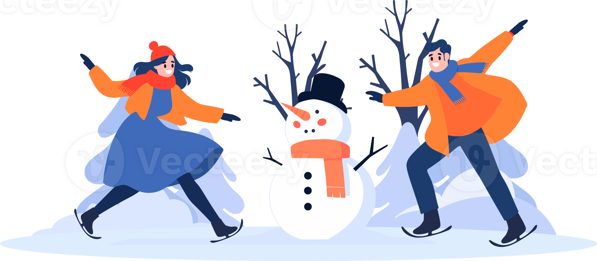 Hand Drawn couple character playing ice skating in winter in flat style png