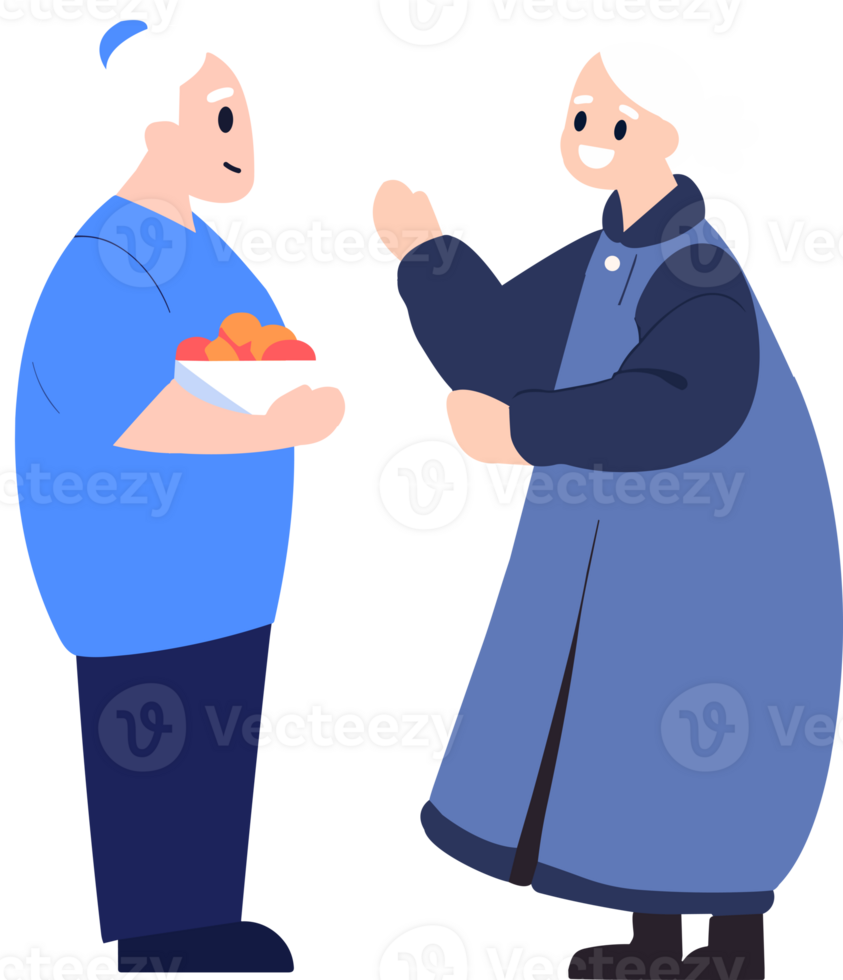 Hand Drawn Elderly people talking in front of the house in flat style png