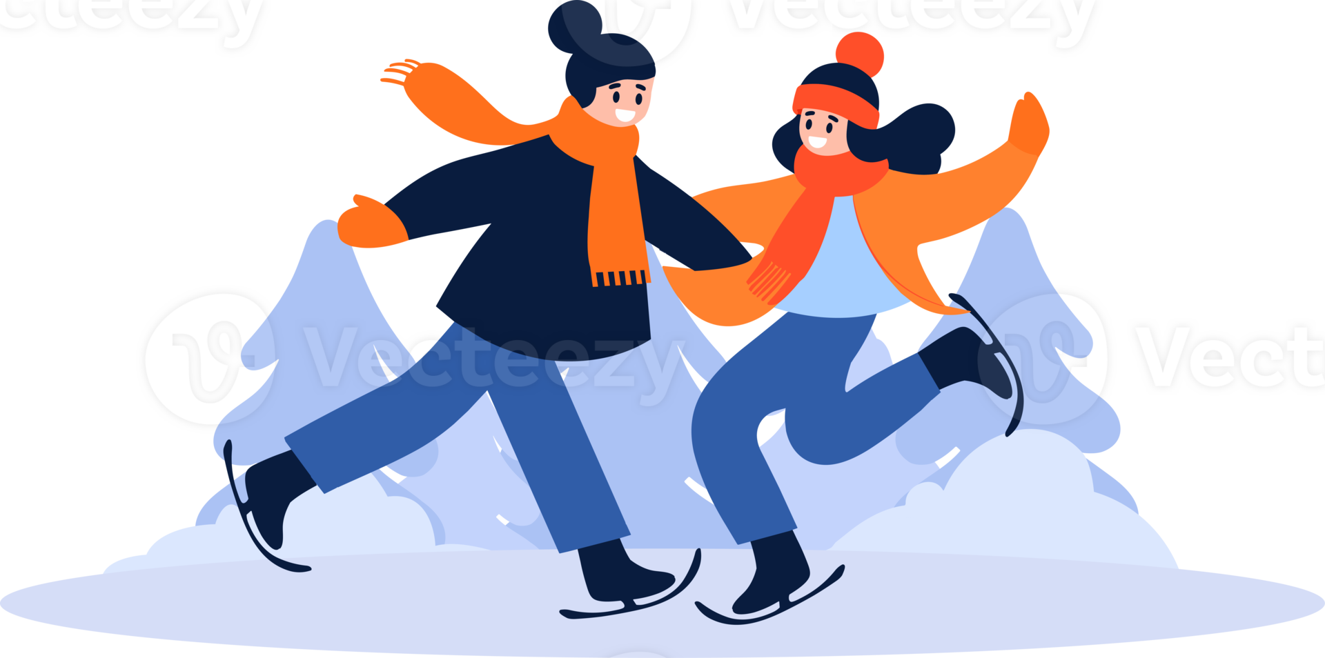Hand Drawn couple character playing ice skating in winter in flat style png