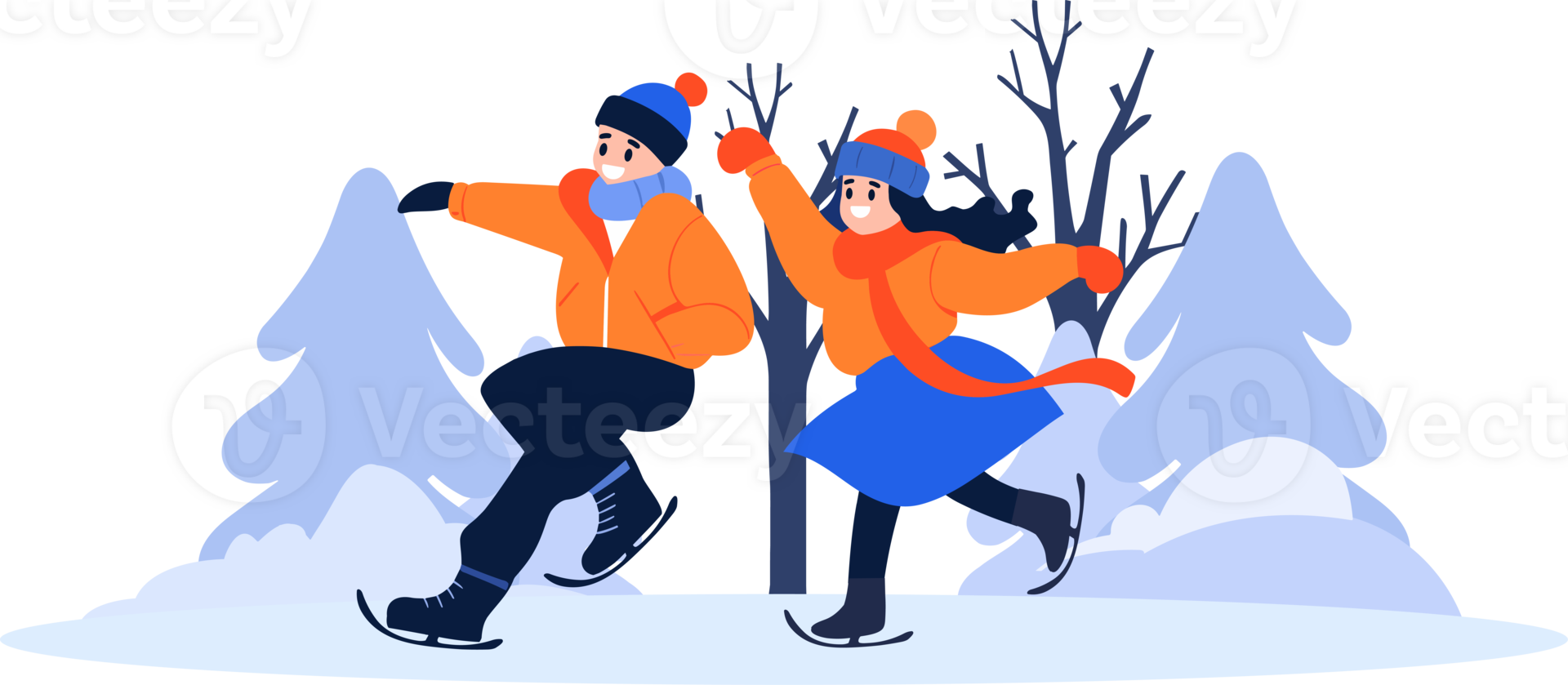 Hand Drawn couple character playing ice skating in winter in flat style png
