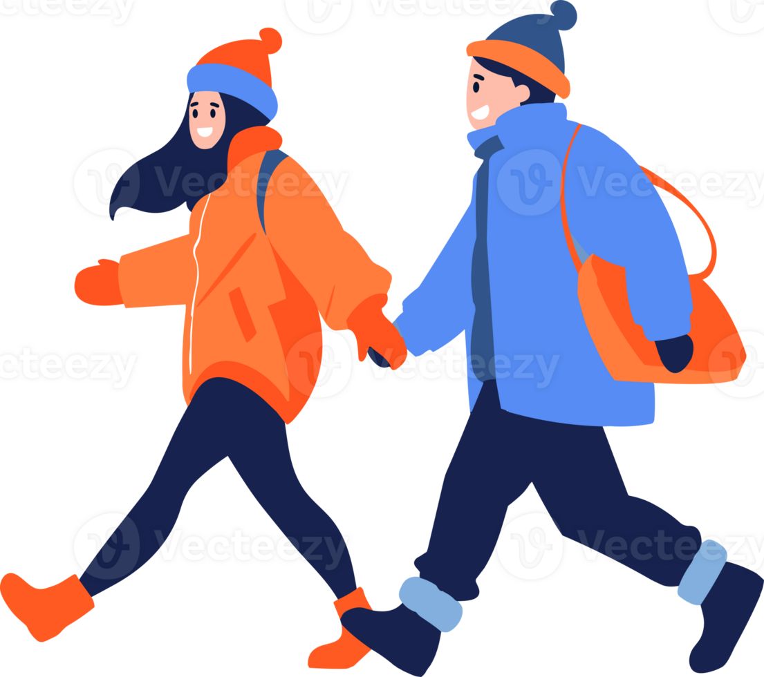 Hand Drawn couple wearing winter clothing walks on a path filled with snow in flat style png