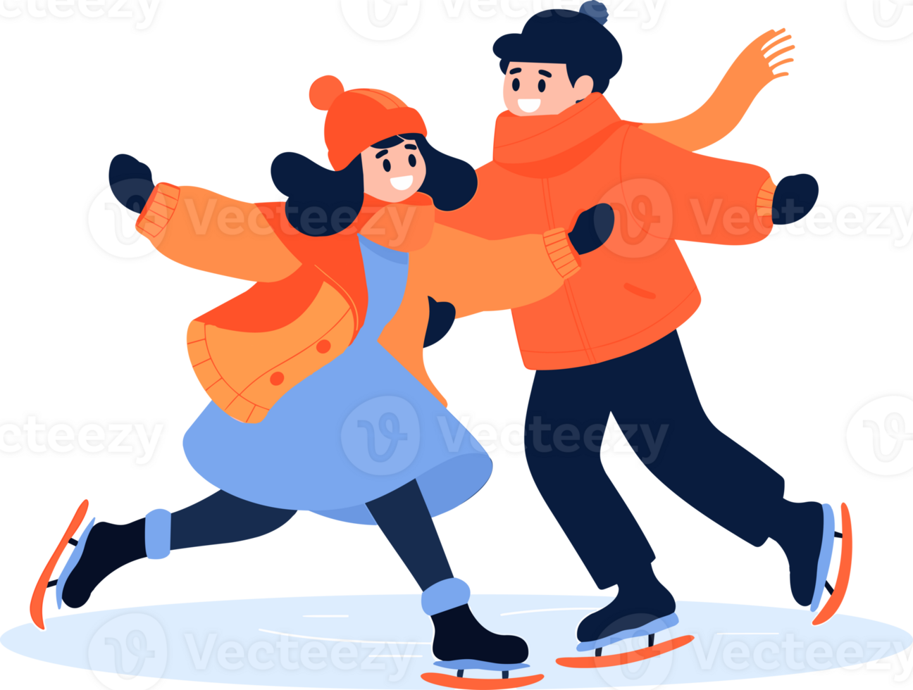 Hand Drawn couple character playing ice skating in winter in flat style png