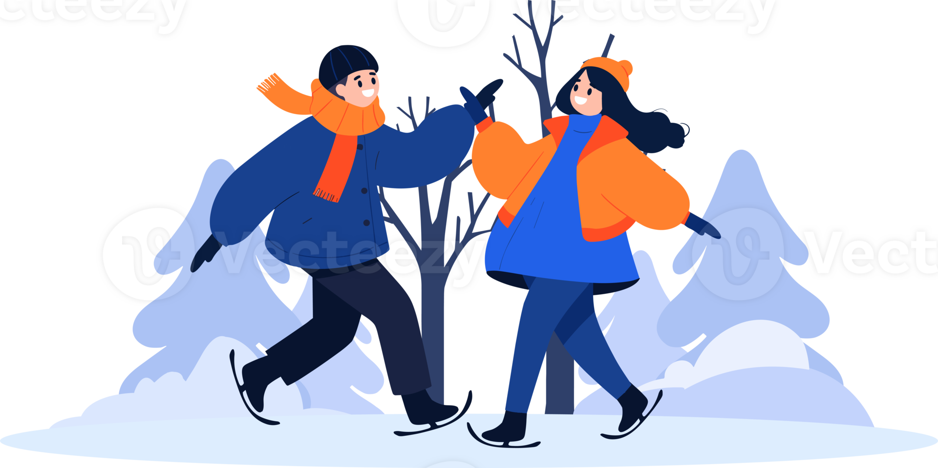 Hand Drawn couple character playing ice skating in winter in flat style png