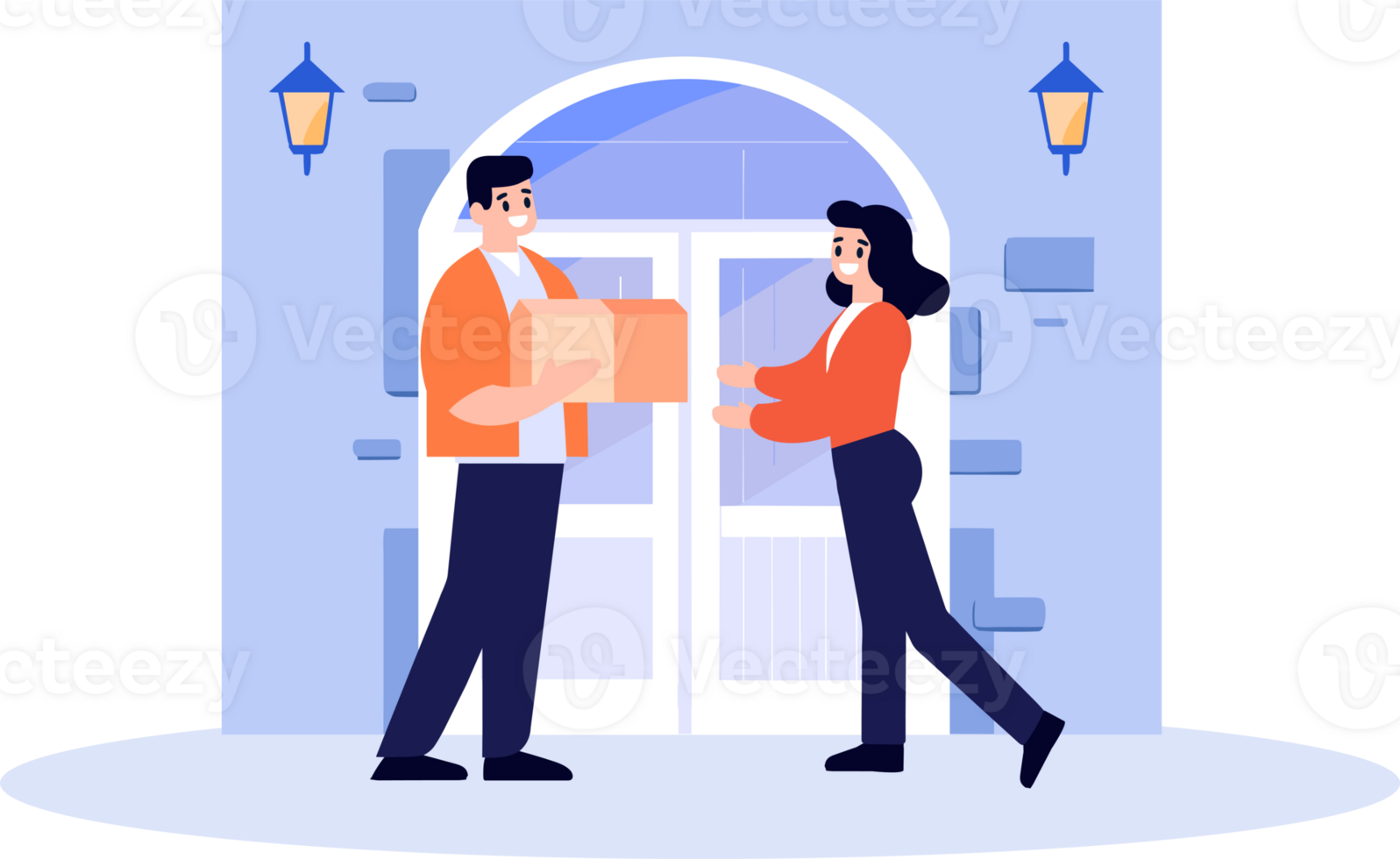 Hand Drawn a delivery man is delivering a package to a customer in flat style png