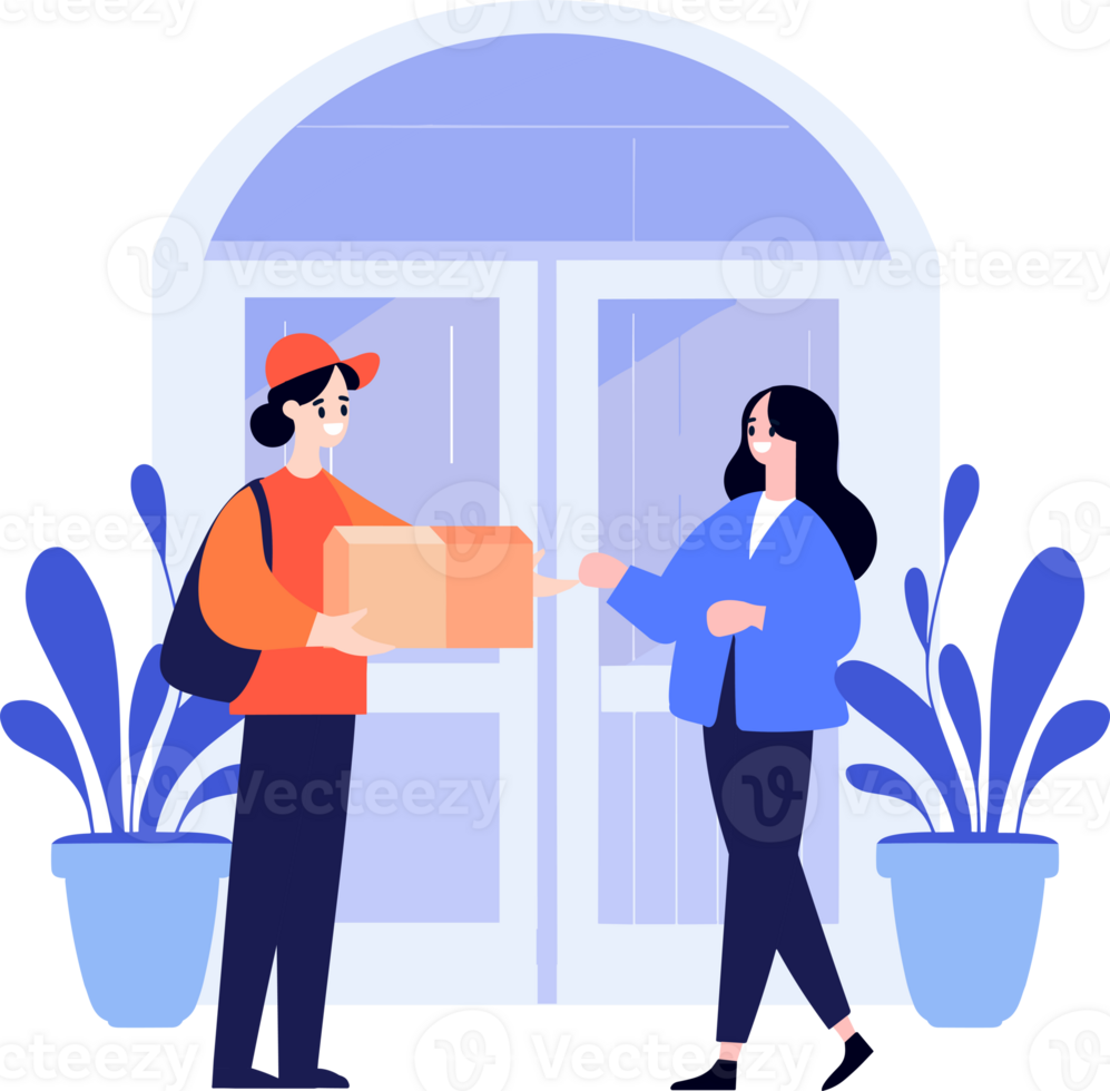 Hand Drawn a delivery man is delivering a package to a customer in flat style png