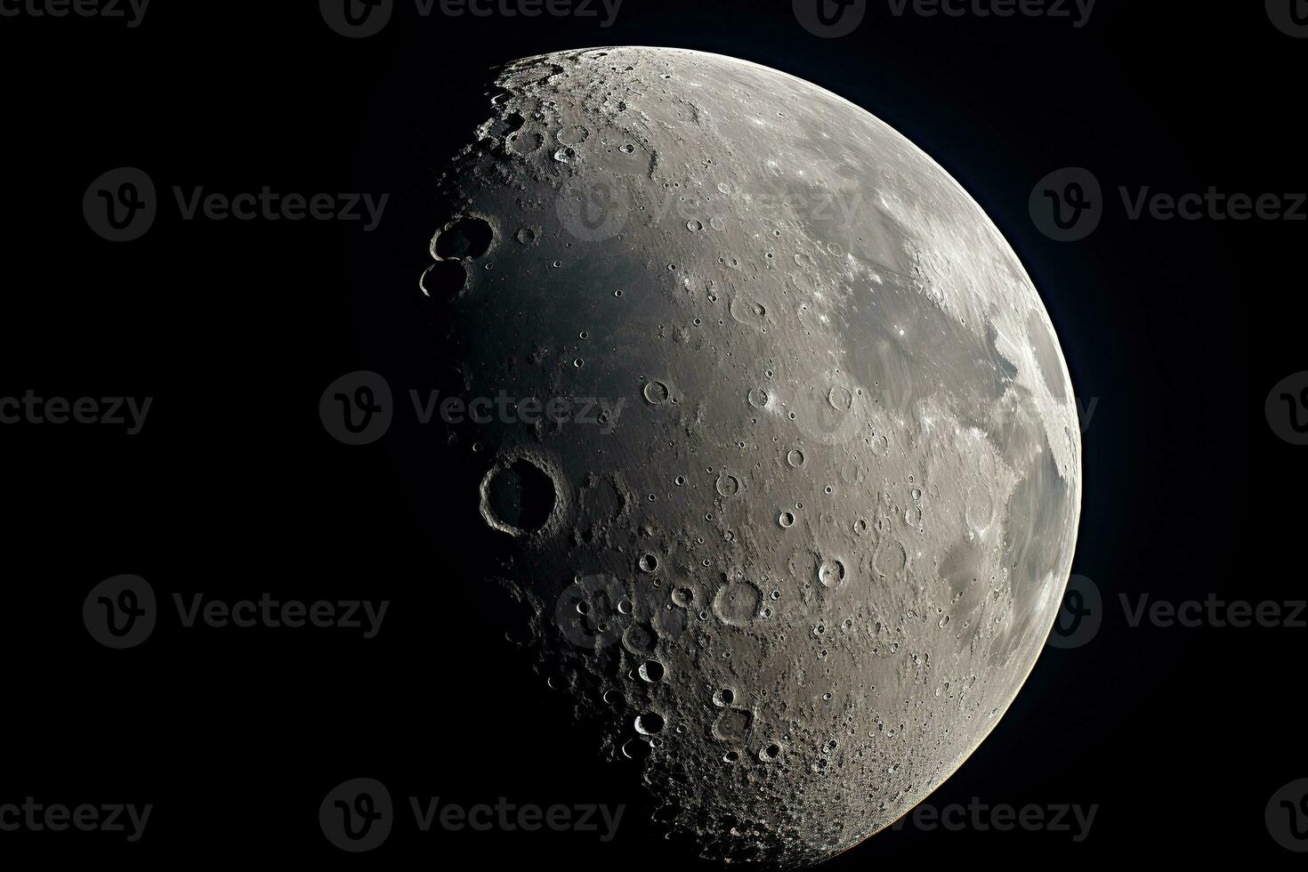 Close-up of the moon through a telescope with craters visible. photo