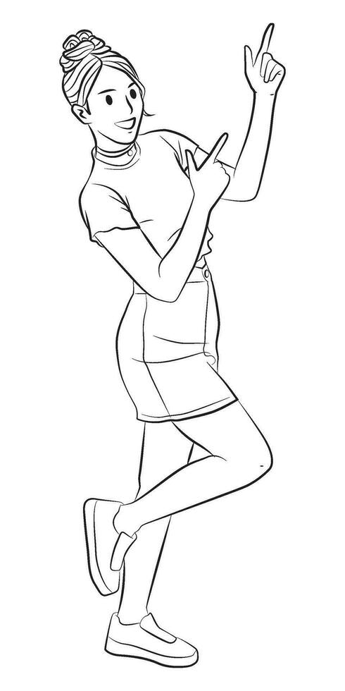 happy young teen with finger pointing pose character cartoon line art illustration vector