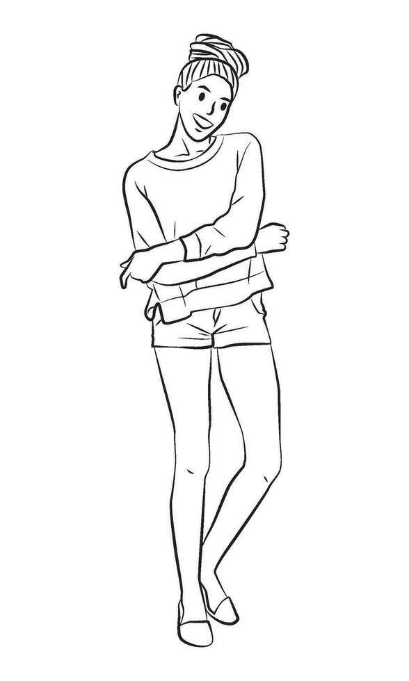 girl standing pose character cartoon line art illustration vector