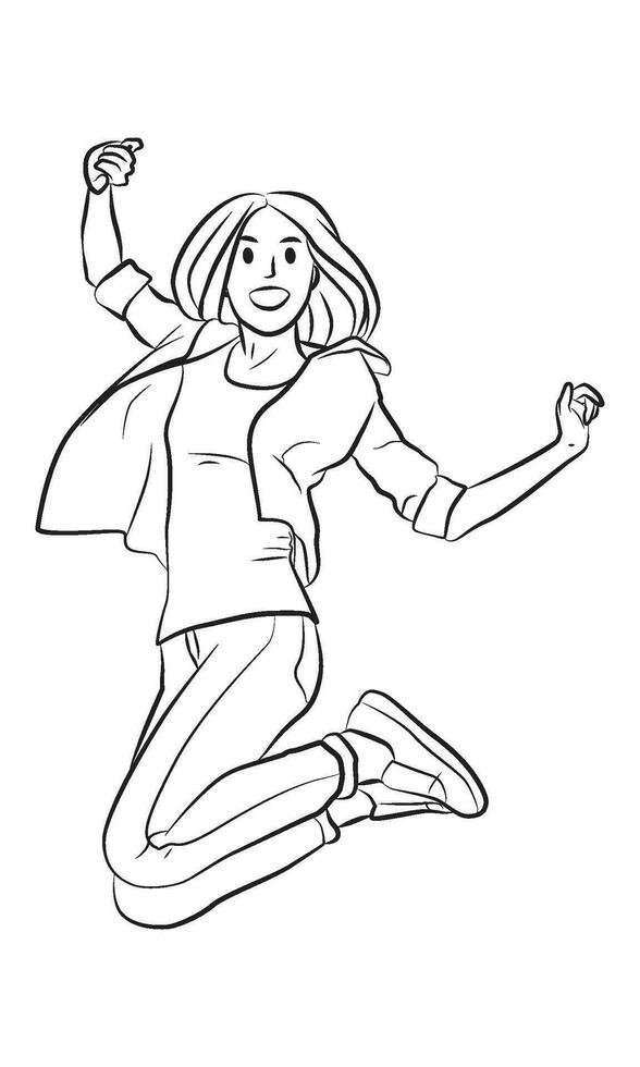 Vector woman happy jumping pose character cartoon line art illustration