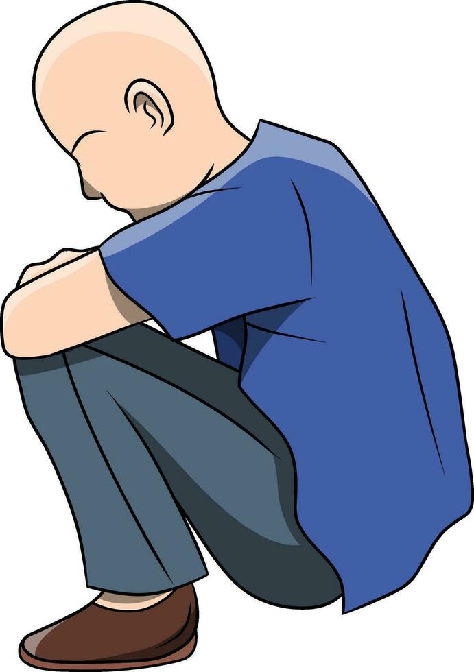 Hand Drawn Depressed Bald Person Drawing Setting And Wearing Blue Shirts vector