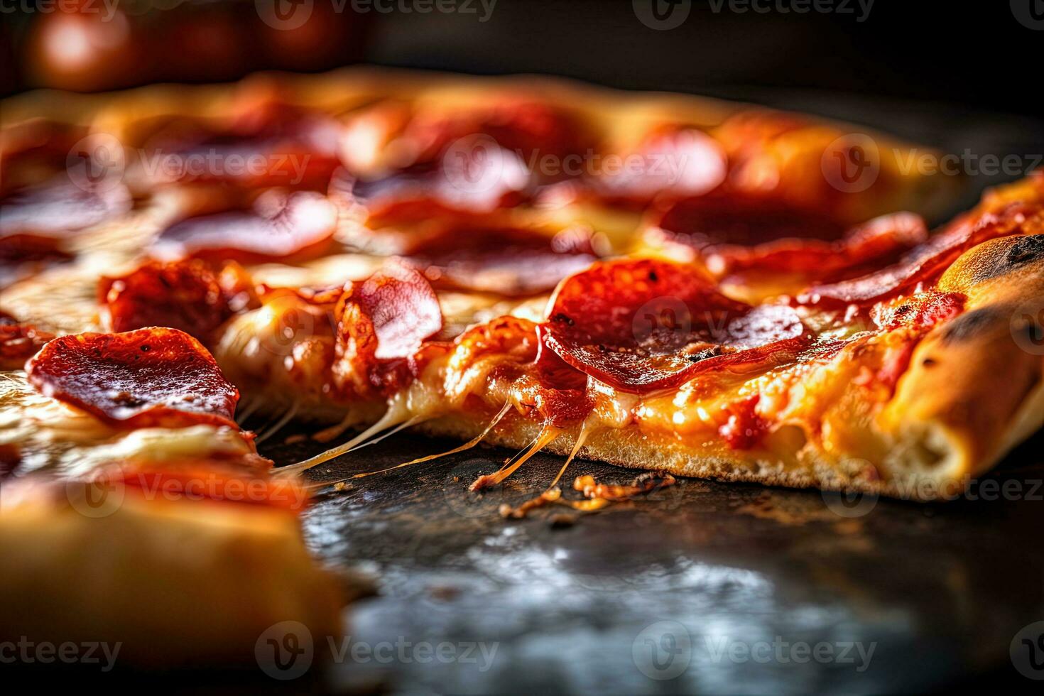 ai generado delicioso horneado Pizza con selectivo atención en pepperoni y salchicha foto