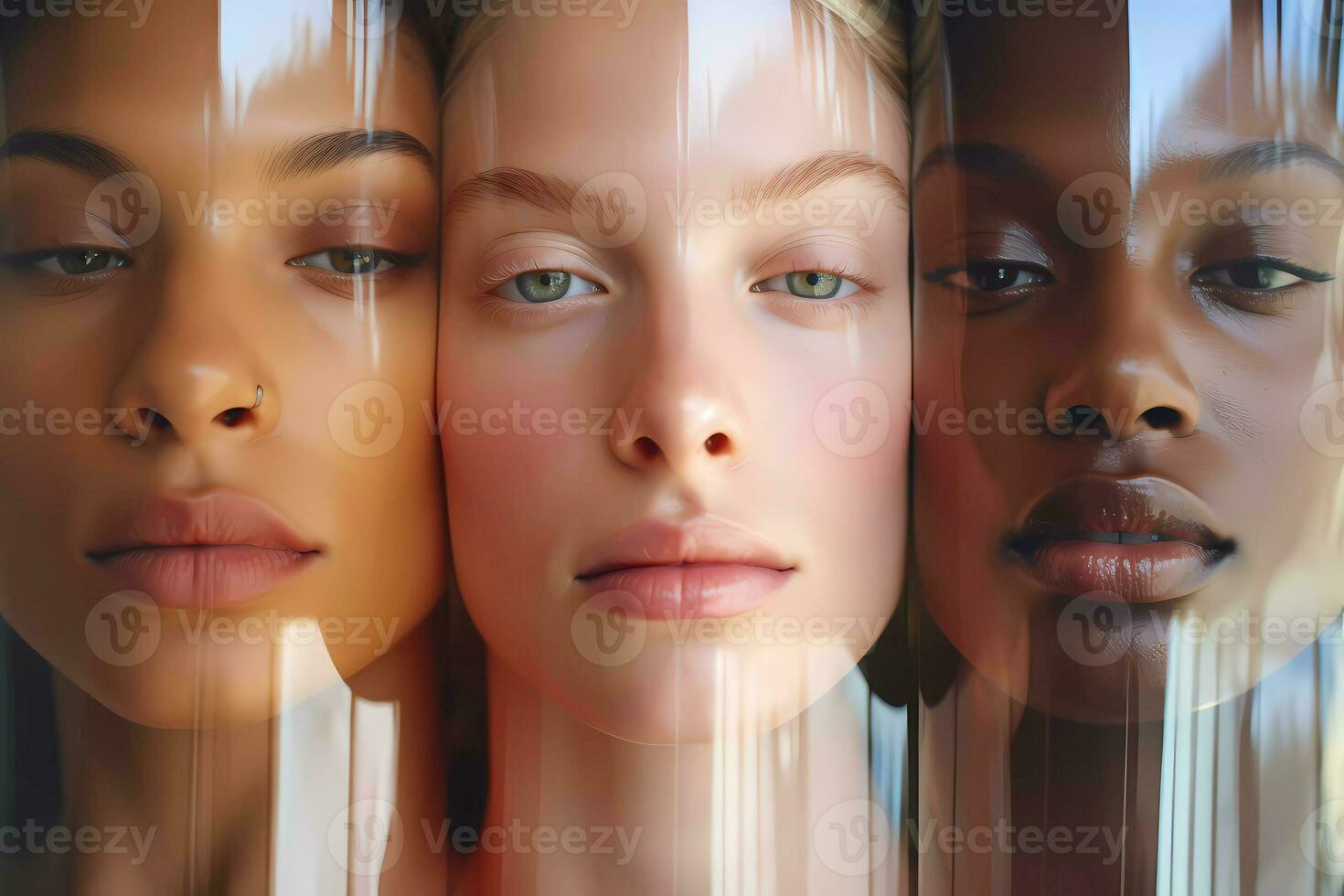 AI Generated Image closeup of three gorgeous women. Diverse women photography with minimalist style for product or service brand presentation photo
