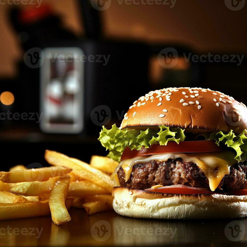 ai generado delicioso hamburguesa con queso, Fresco verduras, y crujiente papas fritas foto